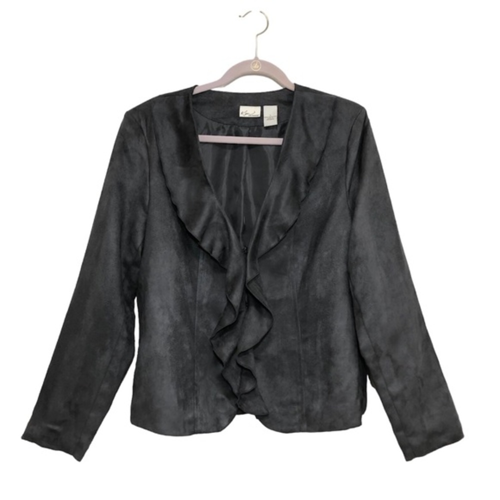 Kim Rogers Faux Suede Ruffle 3 Clams Closure Lined Gray Blazer Jacket Size L